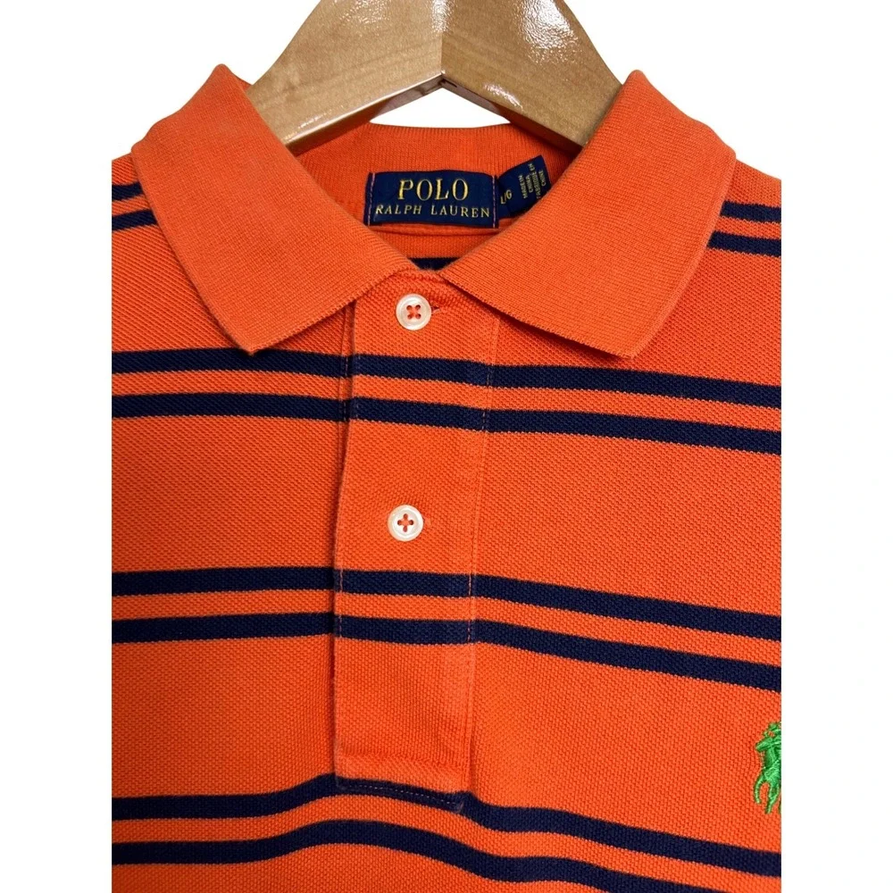 Polo Ralph Lauren Polo Shirt Mens Large Orange Striped‎ Short Sleeve Cotton E19